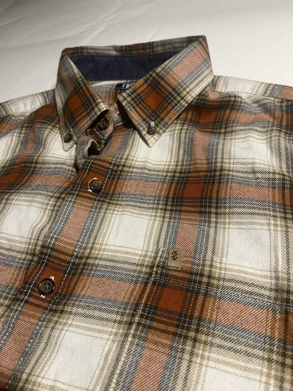 IZOD Mens L Plaid Flannel Shirt Brown Cream Blue Long Sleeve Button Down